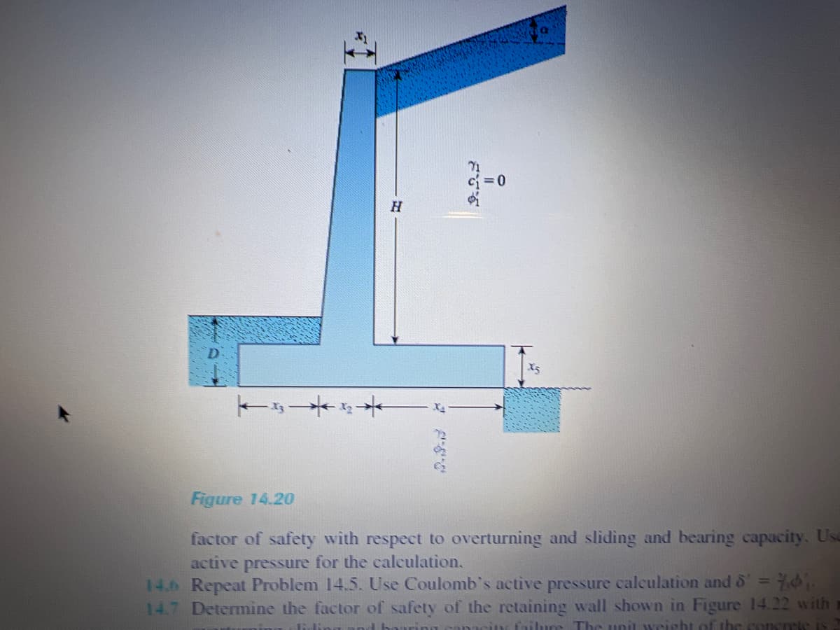 H
Figure 14.20
factor of safety with respect to overturning and sliding and bearing capacity. Usa
active pressure for the calculation.
14.6 Repeat Problem 14.5. Use Coulomb's active pressure calculation and & = .
14.7 Determine the factor of safety of the retaining wall shown in Figure 14.22 with
failure The uniL weight of the concrete is

