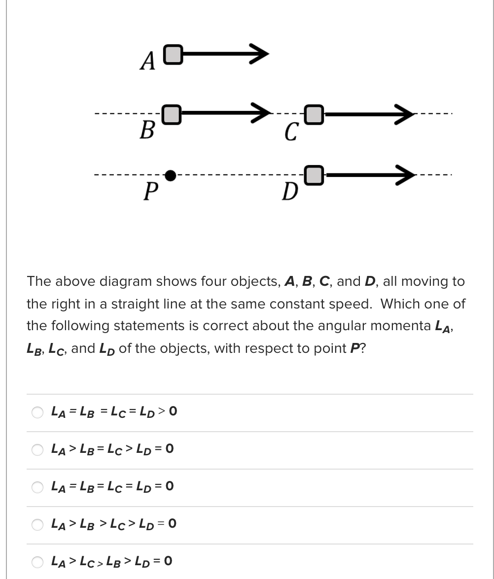 В
C
P
D
The above diagram shows four objects, A, B, C, and D, all moving to
the right in a straight line at the same constant speed. Which one of
the following statements is correct about the angular momenta La,
LB, Lc, and Lp of the objects, with respect to point P?
O LA = LB = Lc = LD> 0
O LA > LB = Lc > Lp = 0
LA = LB = Lc = LD = 0
LA> LB > Lc> LD = 0
LA > Lc> LB > LD = 0
