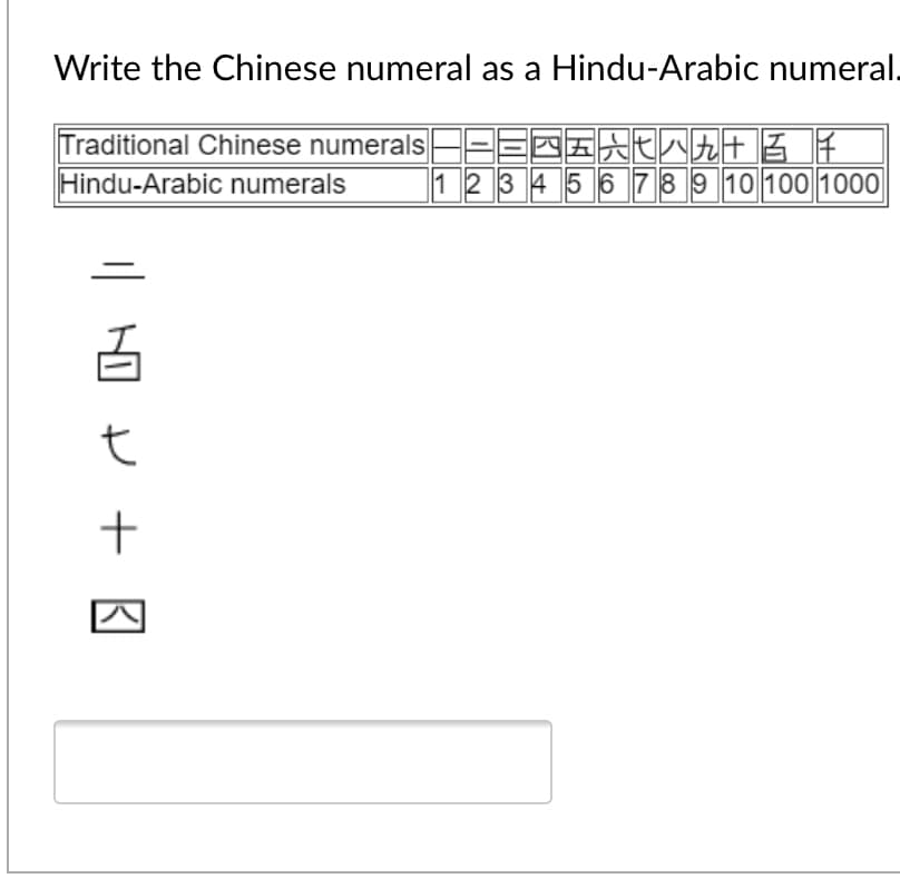 Write the Chinese numeral as a Hindu-Arabic numeral.
Traditional Chinese numerals
Hindu-Arabic numerals
12 3 4 5 6 789 10 100 1000
t
国回
IN
