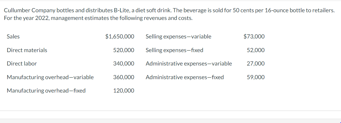 Cullumber Company bottles and distributes B-Lite, a diet soft drink. The beverage is sold for 50 cents per 16-ounce bottle to retailers.
For the year 2022, management estimates the following revenues and costs.
Sales
$1,650,000
Selling expenses-variable
$73,000
Direct materials
520,000
Selling expenses-fixed
52,000
Direct labor
340,000
Administrative expenses-variable
27,000
Manufacturing overhead-variable
360,000
Administrative expenses-fixed
59,000
Manufacturing overhead-fixed
120,000
