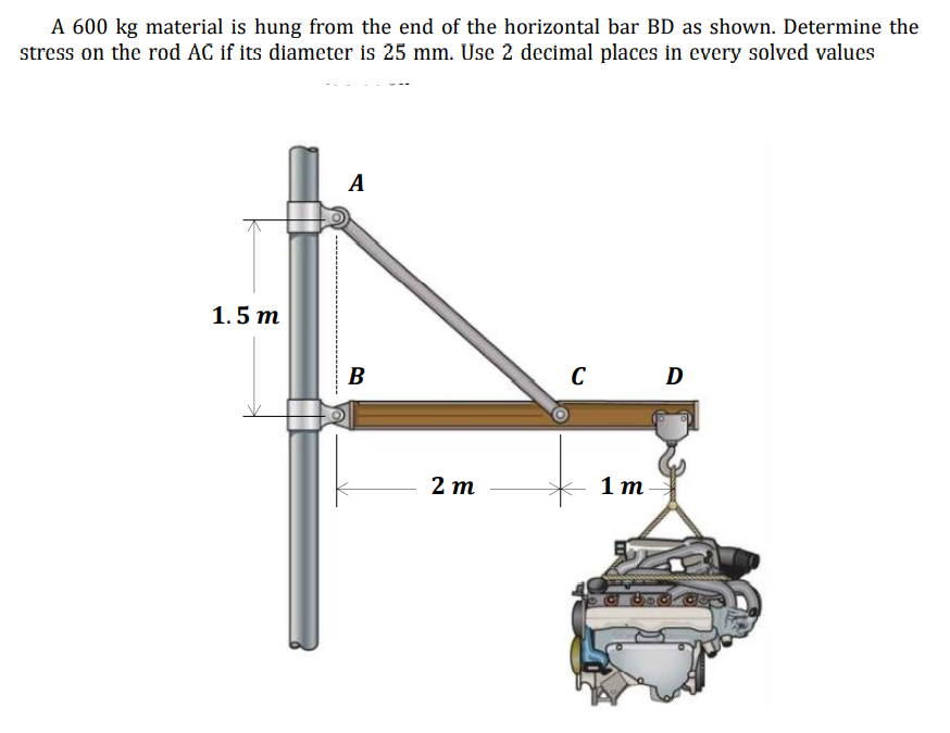 A 600 kg material is hung from the end of the horizontal bar BD as shown. Determine the
stress on the rod AC if its diameter is 25 mm. Use 2 decimal places in every solved values
A
1.5 m
B
C D
2 m
1 т
