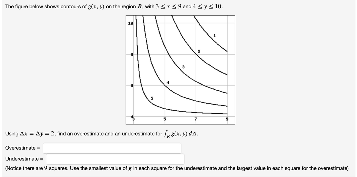 The figure below shows contours of g(x, y) on the region R, with 3 < x < 9 and 4 < y < 10.
10
4
5
9
Using Ax =
:Ay = 2, find an overestimate and an underestimate for /, 8(x, y) dA.
Overestimate =
Underestimate =
(Notice there are 9 squares. Use the smallest value of g in each square for the underestimate and the largest value in each square for the overestimate)
