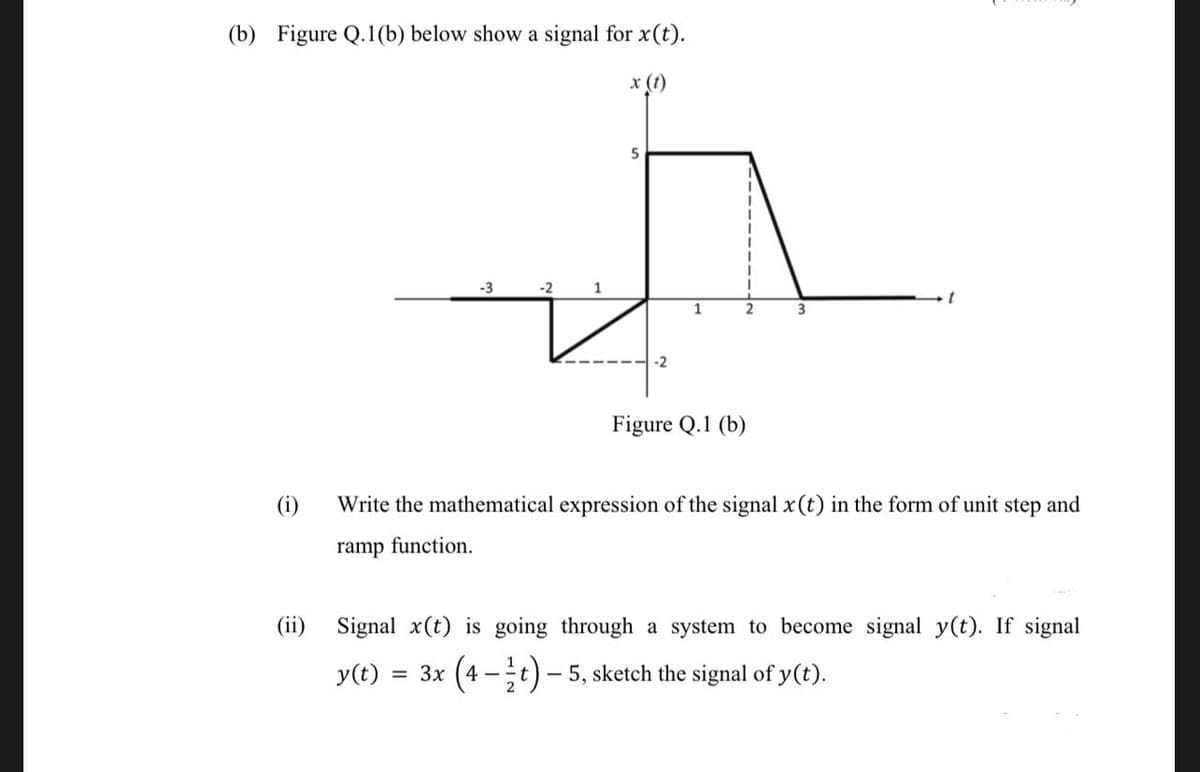 (b) Figure Q.1(b) below show a signal for x(t).
x (1)
(i)
-3
-2
1
5
-2
1
Figure Q.1 (b)
3
Write the mathematical expression of the signal x (t) in the form of unit step and
ramp function.
(ii) Signal x(t) is going through a system to become signal y(t). If signal
y(t) = 3x (4-t) - 5, sketch the signal of y(t).