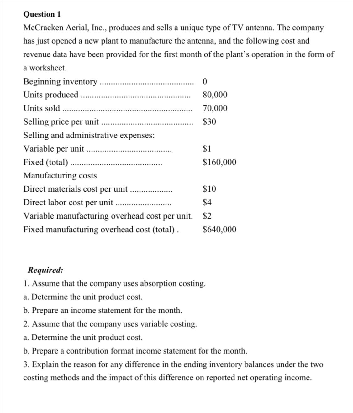 Question 1
McCracken Aerial, Inc., produces and sells a unique type of TV antenna. The company
has just opened a new plant to manufacture the antenna, and the following cost and
revenue data have been provided for the first month of the plant’s operation in the form of
a worksheet.
Beginning inventory
Units produced
Units sold .
80,000
70,000
Selling price per unit
$30
Selling and administrative expenses:
Variable per
unit
$1
Fixed (total) ..
$160,000
Manufacturing costs
Direct materials cost per unit
$10
Direct labor cost per unit
$4
Variable manufacturing overhead cost per unit. $2
Fixed manufacturing overhead cost (total) .
$640,000
Required:
1. Assume that the company uses absorption costing.
a. Determine the unit product cost.
b. Prepare an income statement for the month.
2. Assume that the company uses variable costing.
a. Determine the unit product cost.
b. Prepare a contribution format income statement for the month.
3. Explain the reason for any difference in the ending inventory balances under the two
costing methods and the impact of this difference on reported net operating income.
