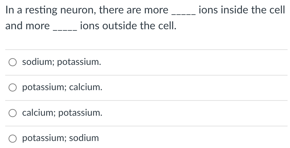 In a resting neuron, there are more
ions inside the cell
and more
ions outside the cell.
sodium; potassium.
O potassium; calcium.
O calcium; potassium.
O potassium; sodium
