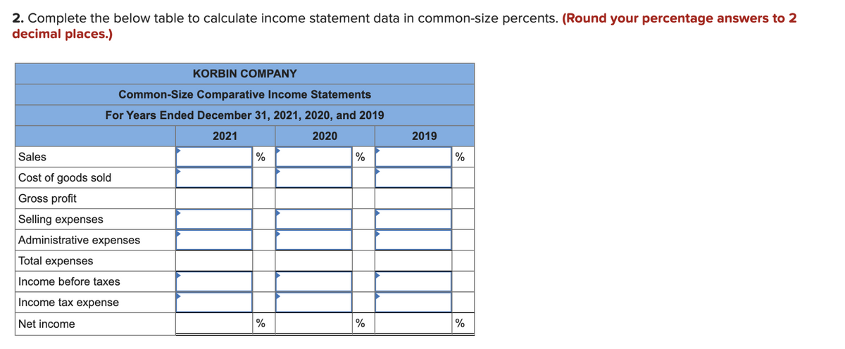 2. Complete the below table to calculate income statement data in common-size percents. (Round your percentage answers to 2
decimal places.)
KORBIN COMPANY
Common-Size Comparative Income Statements
For Years Ended December 31, 2021, 2020, and 2019
2021
2020
2019
Sales
%
%
%
Cost of goods sold
Gross profit
Selling expenses
Administrative expenses
Total expenses
Income before taxes
Income tax expense
Net income
%
%
%
