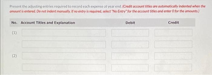 Present the adjusting entries required to record each expense at year end. (Credit account titles are automatically indented when the
amount is entered. Do not indent manually. If no entry is required, select "No Entry" for the account titles and enter O for the amounts.)
No. Account Titles and Explanation
Debit
Credit
(1)
(2)
