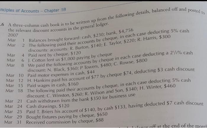 inciples of Accounts - Chapter 18
2007
Mar
Mar
Mar
Paounts: accounts: R. Burton, $140; E. Taylor, $220; R. Harris, $300
Mar 10 Paid motor expenses in cash, $44
Mar 15 Paid wages in cash, $160
Mar 18 The following paid their accounts by cheque, in each case deducting 5% cash
discount: C, Winston, $260; R. Wilson and Son, $ 340; H. Winter, $460
Mar 21 Cash withdrawn from the bank $350 for business use
Mar 24 Cash drawings, $120
Mar 29 Bought fixtures paying by cheque, $650
Mar 31 Received commission by cheque, $88
ne off at the end of the month
