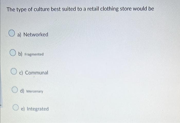 The type of culture best suited to a retail clothing store would be
a) Networked
O b) Fragmented
O c) Communal
d) Mercenary
O e) Integrated
