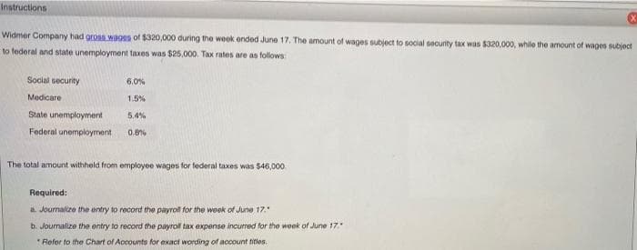 Instructions.
Widmer Company had gross wages of $320,000 during the week ended June 17. The amount of wages subject to social security tax was $320,000, while the amount of wages subject
to federal and state unemployment taxes was $25,000. Tax rates are as follows:
Social security
6.0%
Medicare
1.5%
State unemployment
5,4%
Federal unemployment
0.8%
The total amount withheld from employee wages for federal taxes was $46,000
Required:
a. Journalize the entry to record the pay for the ook of June 17."
b. Joumalize the entry to record the payroll tax expense incurred for the week of June 17."
*Refer to the Chart of Accounts for exact wording of account titles.