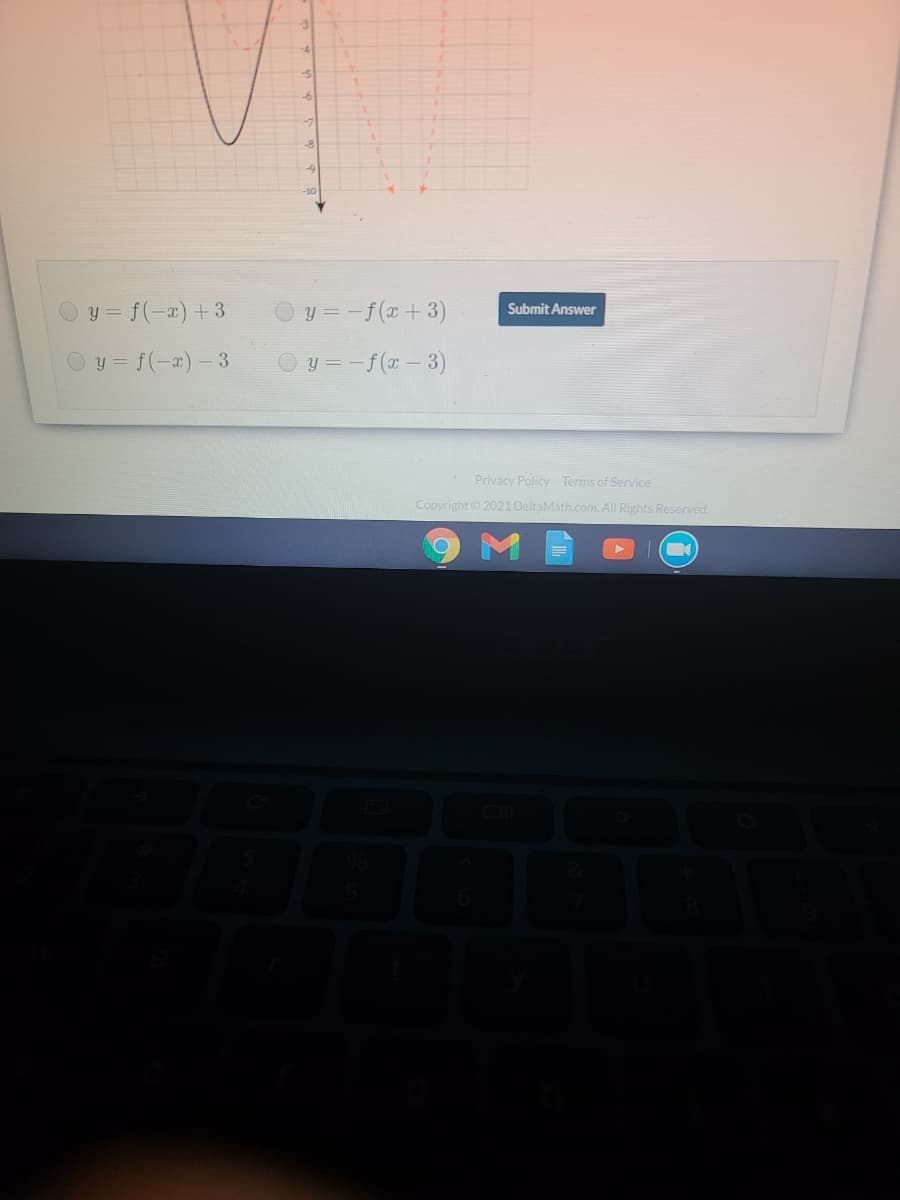 -8
-10
O y = f(-a)+3
Oy = -f(x+3)
Submit Answer
Oy = f(-x) - 3
y = -f(x-3)
Privacy Policy Terms of Service
Copyright 2021 DeltaMath.com. All Rights Reserved.
