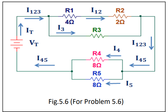 I 123
R1
I12
R2
20
I3
↑ IT
R3
I123 .
I4
VT
R4
I45
I45
8Ω
R5
80
I5
Fig.5.6 (For Problem 5.6)
