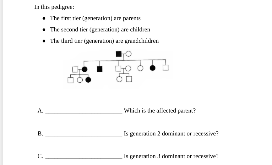 In this pedigree:
• The first tier (generation) are parents
• The second tier (generation) are children
• The third tier (generation) are grandchildren
A.
Which is the affected parent?
Is generation 2 dominant or recessive?
C.
Is generation 3 dominant or recessive?
B.
