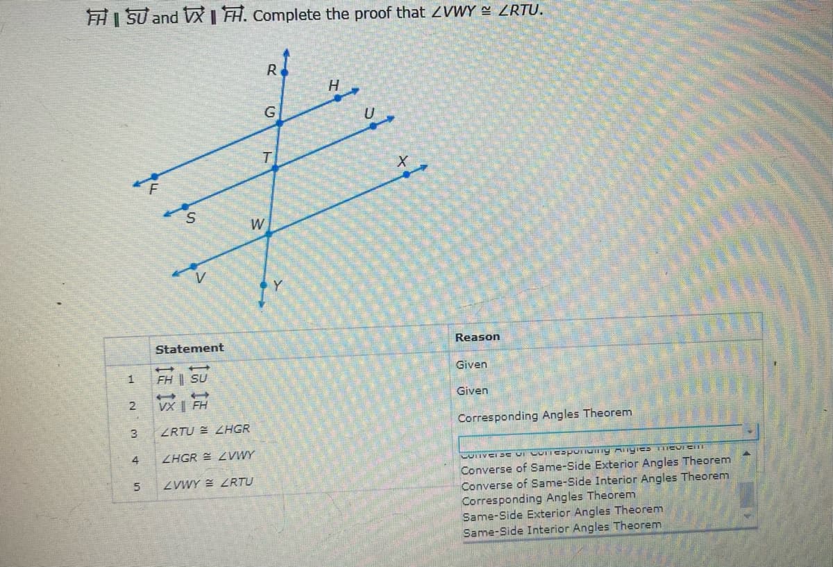 FHI SU and XI FH. Complete the proof that ZVWY ZRTU.
R
H.
G
U
S.
W
Reason
Statement
Given
FH | SU
Given
2.
vX | FH
Corresponding Angles Theorem
3
ZRTU = LHGR
Converse of Same-Side Exterior Angles Theorem
Converse of Same-Side Interior Angles Theorem
Corresponding Angles Theorem
Same-Side Exterior Angles Theorem
Same-Side Interior Angles Theorem
4
ZHGR E ZVWY
ZVWY = ZRTU
