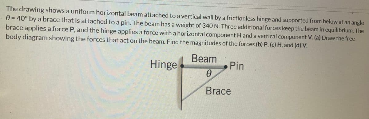 The drawing shows a uniform horizontal beam attached to a vertical wall by a frictionless hinge and supported from below at an angle
0 = 40° by a brace that is attached to a pin. The beam has a weight of 340 N. Three additional forces keep the beam in equilibrium. The
brace applies a force P, and the hinge applies a force with a horizontal component H and a vertical component V. (a) Draw the free-
body diagram showing the forces that act on the beam. Find the magnitudes of the forces (b) P, (c) H, and (d) V.
Beam
Hinge
Pin
Ꮎ
Brace
E