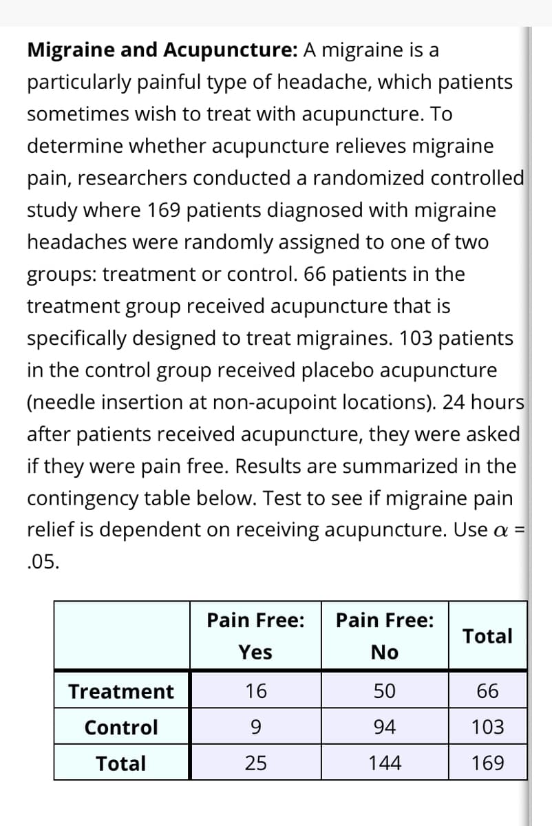 Migraine and Acupuncture: A migraine is a
particularly painful type of headache, which patients
sometimes wish to treat with acupuncture. To
determine whether acupuncture relieves migraine
pain, researchers conducted a randomized controlled
study where 169 patients diagnosed with migraine
headaches were randomly assigned to one of two
groups: treatment or control. 66 patients in the
treatment group received acupuncture that is
specifically designed to treat migraines. 103 patients
in the control group received placebo acupuncture
(needle insertion at non-acupoint locations). 24 hours
after patients received acupuncture, they were asked
if they were pain free. Results are summarized in the
contingency table below. Test to see if migraine pain
relief is dependent on receiving acupuncture. Use a =
.05.
Pain Free:
Pain Free:
Total
Yes
No
Treatment
16
50
66
Control
9
94
103
Total
25
144
169
