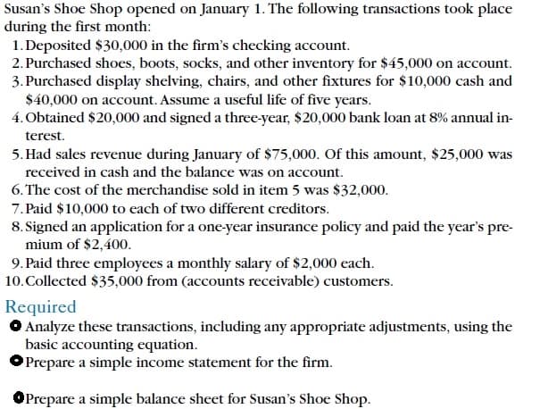 Susan's Shoe Shop opened on January 1. The following transactions took place
during the first month:
1. Deposited $30,000 in the firm's checking account.
2. Purchased shoes, boots, socks, and other inventory for $45,000 on account.
3. Purchased display shelving, chairs, and other fixtures for $10,000 cash and
$40,000 on account. Assume a useful life of five years.
4. Obtained $20,000 and signed a three-year, $20,000 bank loan at 8% annual in-
terest.
5. Had sales revenue during January of $75,000. Of this amount, $25,000 was
received in cash and the balance was on account.
6. The cost of the merchandise sold in item 5 was $32,000.
7. Paid $10,000 to each of two different creditors.
8. Signed an application for a one-year insurance policy and paid the year's pre-
mium of $2,400.
9. Paid three employees a monthly salary of $2,000 each.
10.Collected $35,000 from (accounts receivable) customers.
Required
O Analyze these transactions, including any appropriate adjustments, using the
basic accounting equation.
OPrepare a simple income statement for the firm.
Prepare a simple balance sheet for Susan's Shoe Shop.
