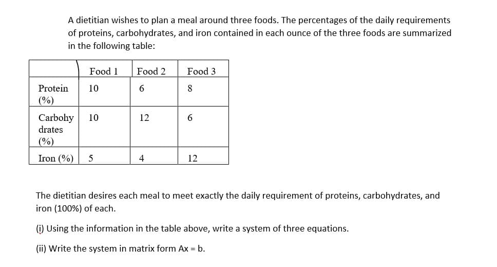 A dietitian wishes to plan a meal around three foods. The percentages of the daily requirements
of proteins, carbohydrates, and iron contained in each ounce of the three foods are summarized
in the following table:
Food 1
Food 2
Food 3
Protein
10
6.
(%)
Carbohy
drates
10
12
6.
(%)
Iron (%)
5
4
12
The dietitian desires each meal to meet exactly the daily requirement of proteins, carbohydrates, and
iron (100%) of each.
(i) Using the information in the table above, write a system of three equations.
(ii) Write the system in matrix form Ax = b.
