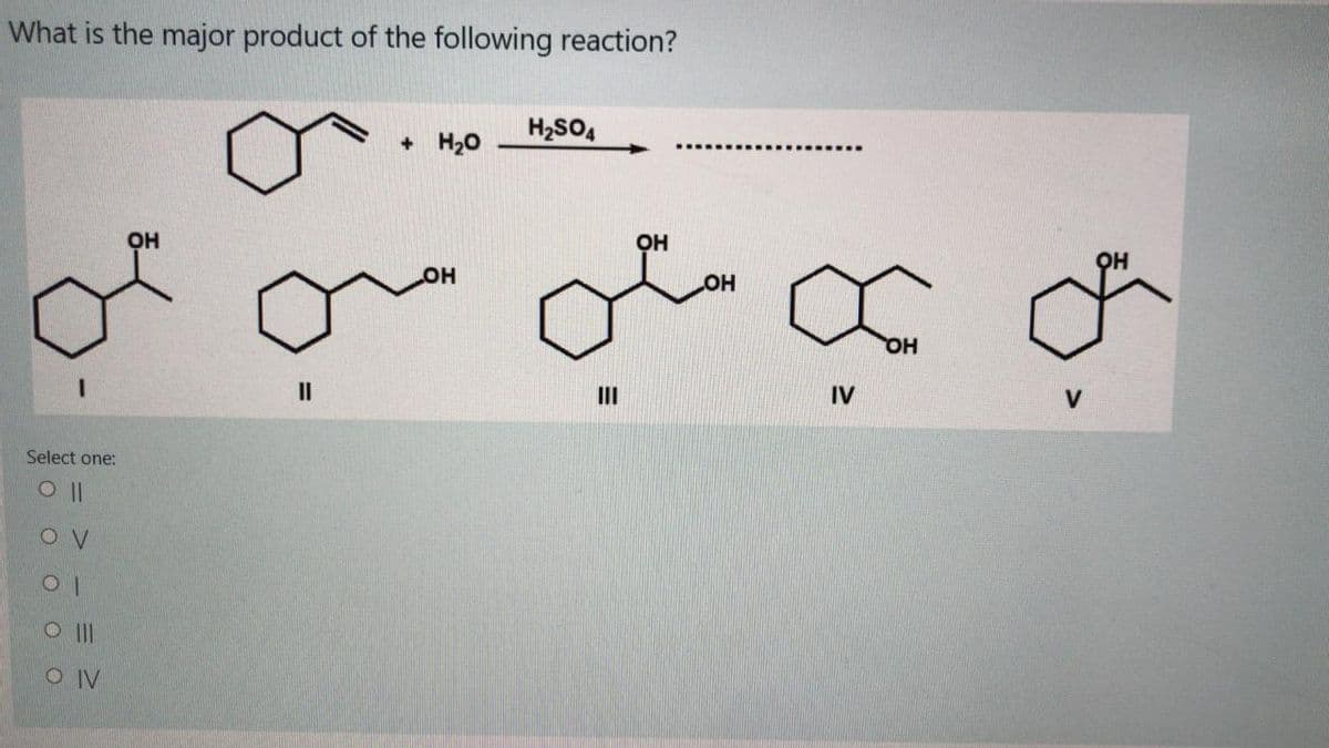 What is the major product of the following reaction?
+ H20
H2SO4
..... ..... ..... ....
OH
OH
он
OH
он
II
II
IV
V
Select one:
O II
OIV
