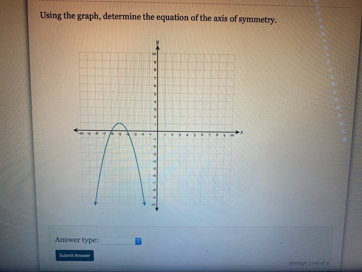 Using the graph, determine the equation of the axis of symmetry.
10
8.
7.
9.
5.
4.
-10
-8 -7
-5
-4
-3 -2
-1
2.
6.
10
-1
-3
-4
-5
-10
Answer type:
Submit Answer
attempt 1 out of 2
