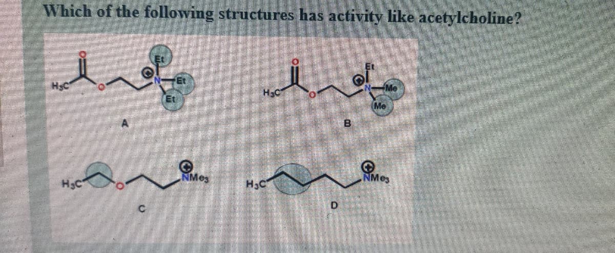 Which of the following structures has activity like acetylcholine?
Et
H3C
Me
H3C
NMeg
H.C
NMes
