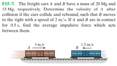 F15-7. The freight cars A and B have a mass of 20 Mg and
15 Mg, respectively. Determine the velocity of A after
collision if the cars collide and rebound, such that B moves
to the right with a speed of 2 m/s. If A and B are in contact
for 0.5 s, find the average impulsive force which acts
between them.
3 m/s
A
1.5 m/s
