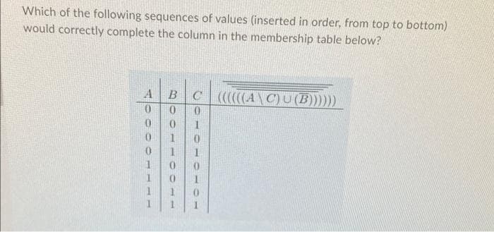 Which of the following sequences of values (inserted in order, from top to bottom)
would correctly complete the column in the membership table below?
BC
C((((A\C)U
(B))))))
0.
1
1
