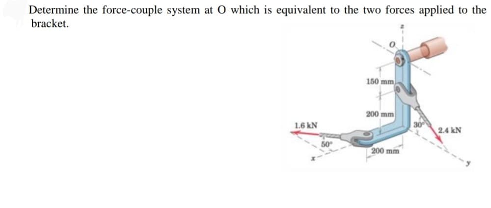 Determine the force-couple system at O which is equivalent to the two forces applied to the
bracket.
150 mm
200 mm
1.6 kN
30
2.4 kN
50
200 mm
