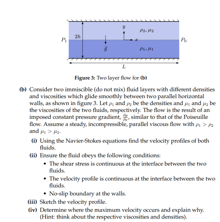 P2, µ2
2h
P1
Po
ρ1, μι
L
Figure 3: Two layer flow for (b)
(b) Consider two immiscible (do not mix) fluid layers with different densities
and viscosities which glide smoothly between two parallel horizontal
walls, as shown in figure 3. Let pı and p2 be the densities and µ1 and µ2 be
the viscosities of the two fluids, respectively. The flow is the result of an
imposed constant pressure gradient, 2, similar to that of the Poiseuille
flow. Assume a steady, incompressible, parallel viscous flow with p1 > P2
and µi > µ2-
(i) Using the Navier-Stokes equations find the velocity profiles of both
fluids.
(ii) Ensure the fluid obeys the following conditions:
The shear stress is continuous at the interface between the two
fluids.
• The velocity profile is continuous at the interface between the two
fluids.
No-slip boundary at the walls.
(iii) Sketch the velocity profile.
(iv) Determine where the maximum velocity occurs and explain why.
(Hint: think about the respective viscosities and densities).
to
