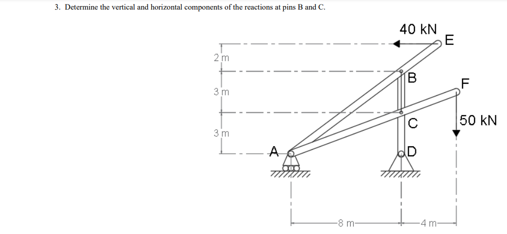 3. Determine the vertical and horizontal components of the reactions at pins B and C.
40 kN
2 m
3 m
C
50 kN
3 m
A.
-8 m-
-4 m-
