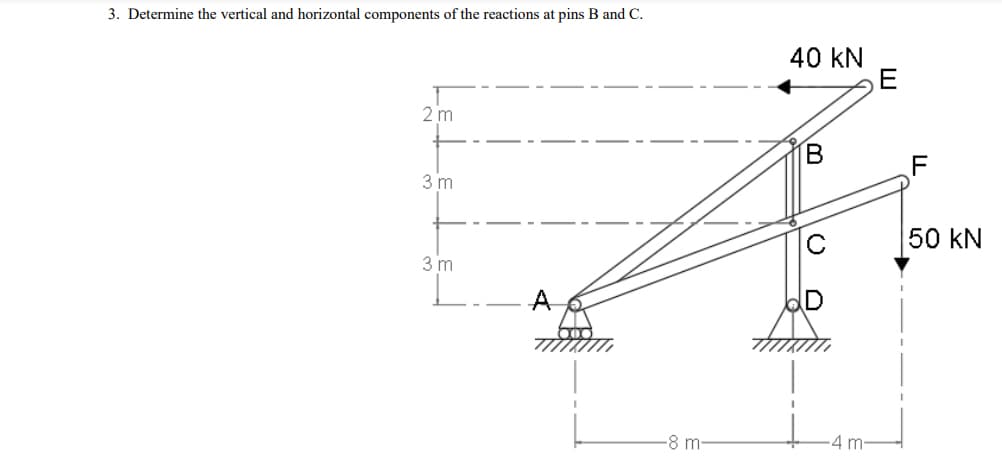 3. Determine the vertical and horizontal components of the reactions at pins B and C.
40 kN
2 m
3 m
C
50 kN
3 m
A.
-8 m-
-4 m-
