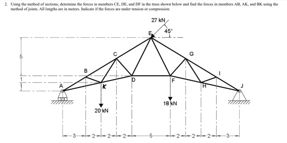2. Using the method of sections, determine the forces in members CE, DE, and DF in the truss shown below and find the forces in members AB, AK, and BK using the
method of joints. All lengths are in meters. Indicate if the forces are under tension or compression.
27 kN
45°
G
5
B
1
D
F
A
18 kN
20 kN
2+
5-
