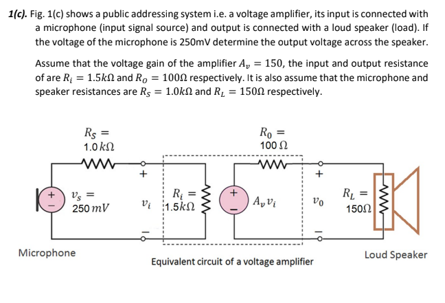 1(c). Fig. 1(c) shows a public addressing system i.e. a voltage amplifier, its input is connected with
a microphone (input signal source) and output is connected with a loud speaker (load). If
the voltage of the microphone is 250mV determine the output voltage across the speaker.
Assume that the voltage gain of the amplifier A, = 150, the input and output resistance
of are R = 1.5kn and Ro = 1000 respectively. It is also assume that the microphone and
speaker resistances are Rs = 1.0kN and R1 = 1500 respectively.
Rs =
1.0 kN
Ro =
100 N
Vs =
250 mV
R =
Vi 1.5kN
A, vi
R1 =
vo
1502
Microphone
Loud Speaker
Equivalent circuit of a voltage amplifier
