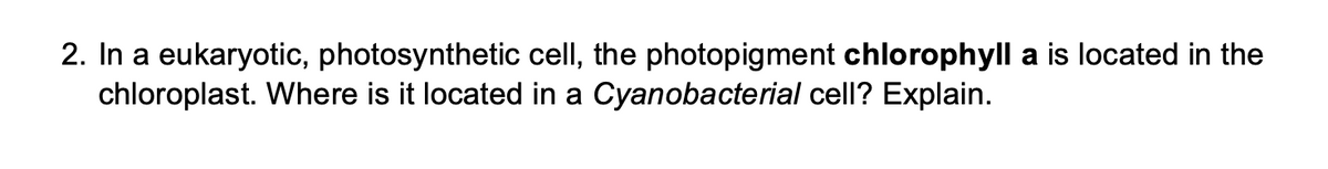 2. In a eukaryotic, photosynthetic cell, the photopigment chlorophyll a is located in the
chloroplast. Where is it located in a Cyanobacterial cell? Explain.