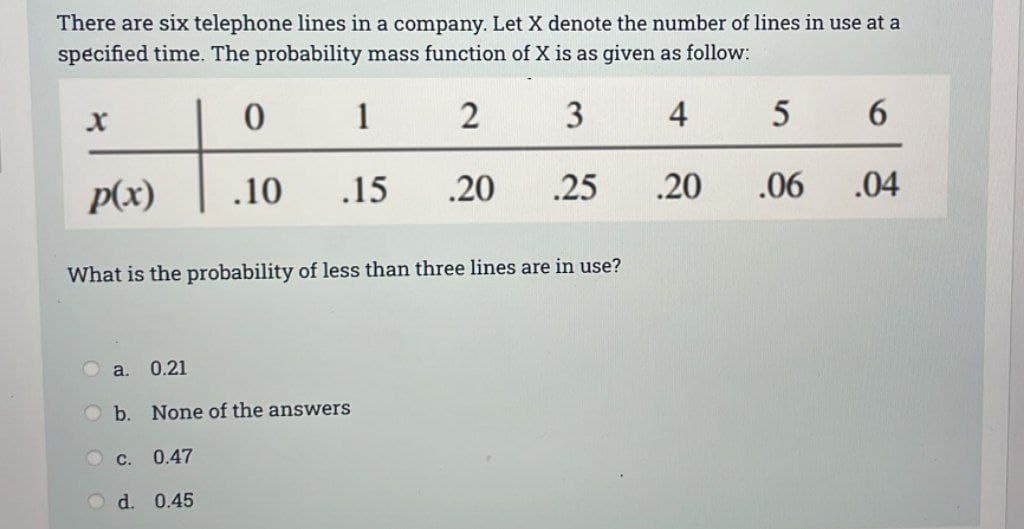 There are six telephone lines in a company. Let X denote the number of lines in use at a
specified time. The probability mass function of X is as given as follow:
0
1
2
3
4
.10
.15
X
p(x)
a. 0.21
Ob. None of the answers
.20
What is the probability of less than three lines are in use?
c. 0.47
d. 0.45
.25
.20
5
.06
6
.04