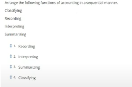 Arrange the following functions of accounting in a sequential manner.
Classifying
Recording
Interpreting
Summarizing
* 1. Recording
12 Interpreting
t3. Summarizing
14. Classifying
