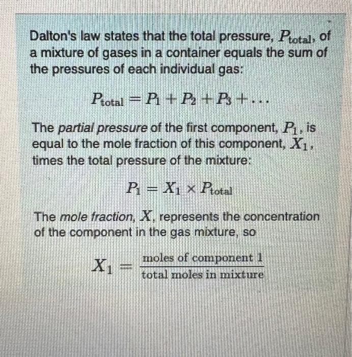 Dalton's law states that the total pressure, Ptotal, of
a mixture of gases in a container equals the sum of
the pressures of each individual gas:
PtotalPi+ P₂ + Ps+...
The partial pressure of the first component, P₁, is
equal to the mole fraction of this component, X₁,
times the total pressure of the mixture:
P₁ = X₁ x Ptotal
The mole fraction, X, represents the concentration
of the component in the gas mixture, so
X₁ =
moles of component 1
total moles in mixture
