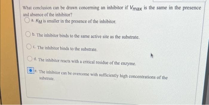 What conclusion can be drawn concerning an inhibitor if Vmax is the same in the presence
and absence of the inhibitor?
a. KM is smaller in the presence of the inhibitor.
Ob. The inhibitor binds to the same active site as the substrate.
Oc. The inhibitor binds to the substrate.
Od. The inhibitor reacts with a critical residue of the enzyme.
Je. The inhibitor can be overcome with sufficiently high concentrations of the
substrate.