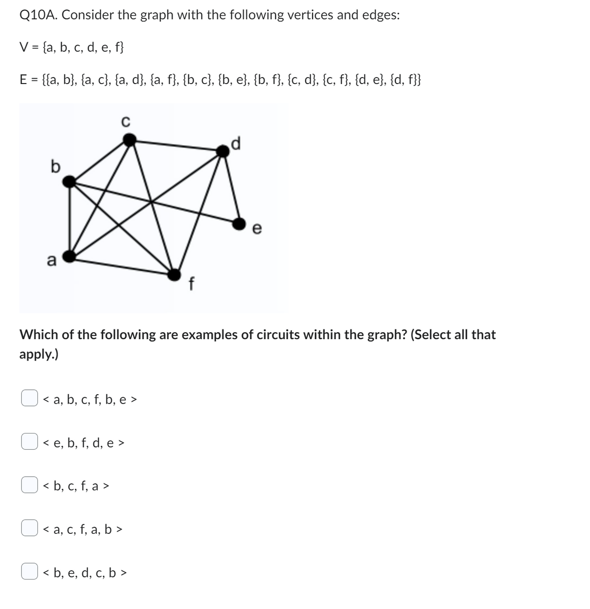 Q10A. Consider the graph with the following vertices and edges:
V = {a, b, c, d, e, f}
E = {{a, b}, {a, c}, {a, d}, {a, f}, {b, c}, {b, e}, {b, f}, {c, d}, {c, f}, {d, e}, {d, f}}
Which of the following are examples of circuits within the graph? (Select all that
apply.)
< a, b, c, f, b, e >
< e, b, f, d, e >
| < b, c, f, a >
<a, c, f, a, b >
d
<b, e, d, c, b >