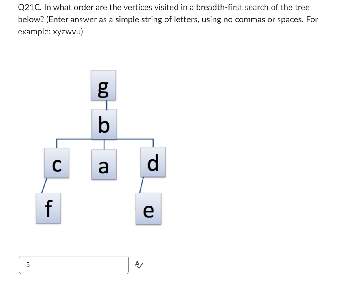 Q21C. In what order are the vertices visited in a breadth-first search of the tree
below? (Enter answer as a simple string of letters, using no commas or spaces. For
example: xyzwvu)
5
C
f
6.0
b
a
>>
A
d
e