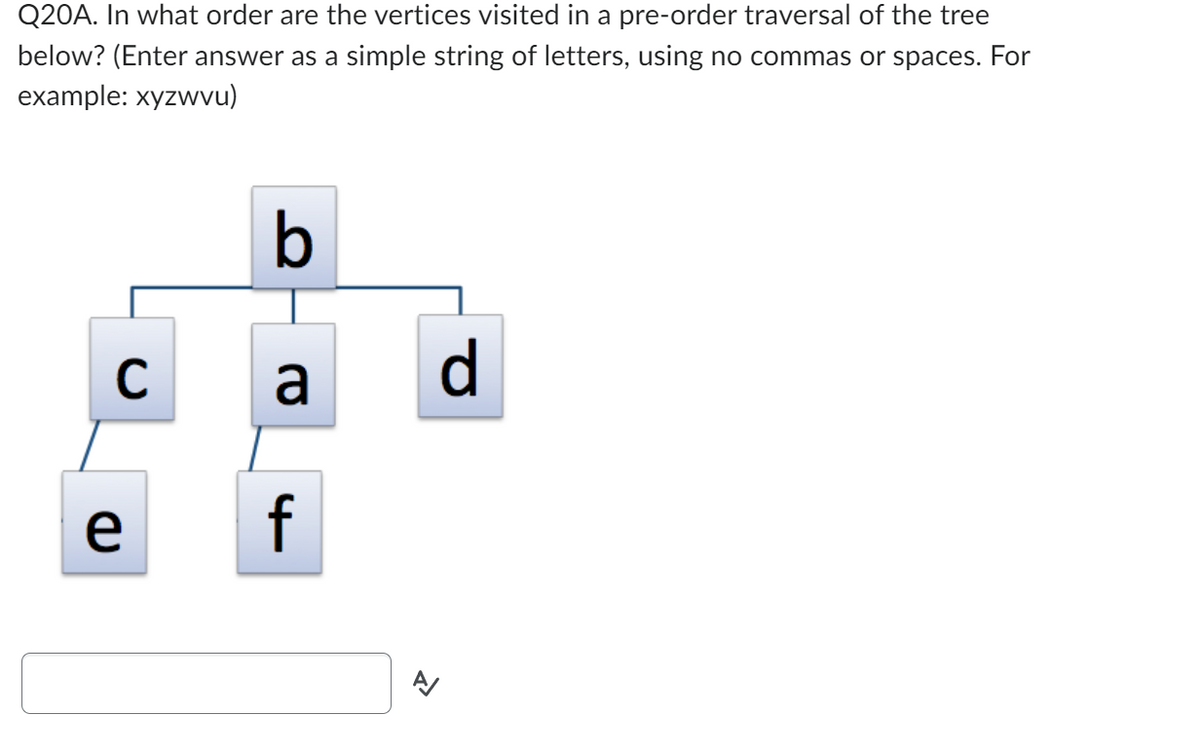 Q20A. In what order are the vertices visited in a pre-order traversal of the tree
below? (Enter answer as a simple string of letters, using no commas or spaces. For
example: xyzwvu)
C
e
b
a
>>
d
A