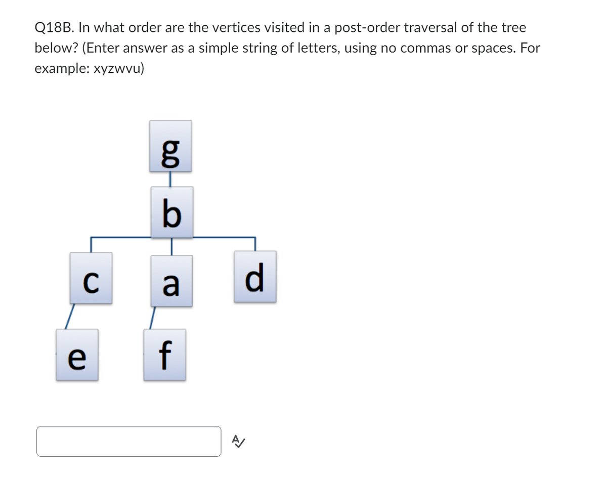 Q18B. In what order are the vertices visited in a post-order traversal of the tree
below? (Enter answer as a simple string of letters, using no commas or spaces. For
example: xyzwvu)
C
e
6.0
b
a
f
d