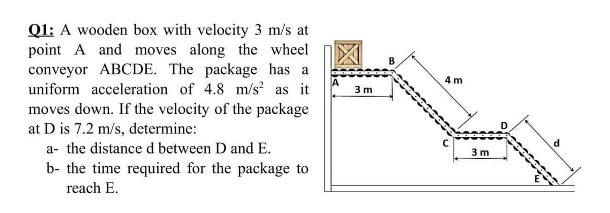 Q1: A wooden box with velocity 3 m/s at
point A and moves along the wheel
conveyor ABCDE. The package has a
uniform acceleration of 4.8 m/s? as it
4 m
3 m
moves down. If the velocity of the package
at D is 7.2 m/s, determine:
a- the distance d between D and E.
3 m
b- the time required for the package to
reach E.
