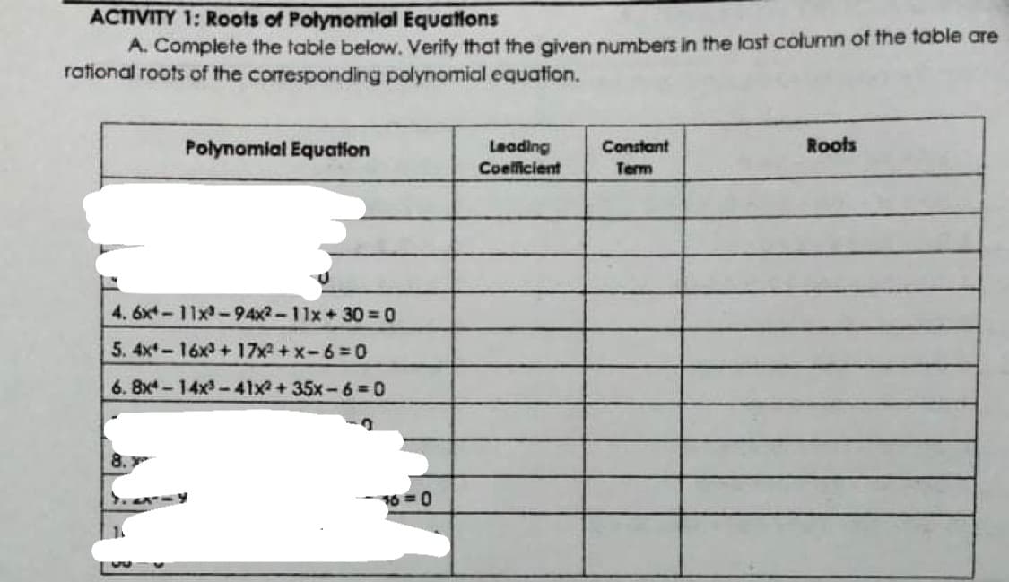ACTIVITY 1: Roots of Polynomial Equations
A. Complete the table below. Verify that the given numbers in the last column of the table are
rational roots of the corresponding polynomial equation.
Polynomial Equatfon
Leading
Coelficient
Roots
Constant
Term
4. 6x-11x-94x2 -11x+30 0
5. 4x-16x+ 17x + x-6=0
6. 8x-14x3-41x + 35x-6= 0
16 = 0
