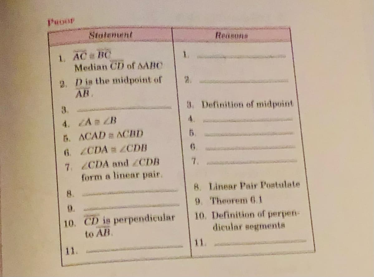 Puoor
Statement
Reasuns
1. AC BC
Median CD of AABC
1.
2. Dis the midpoint of
AB.
2.
3. Definition of midpoint
4.
3.
4. ZA ZB
6. ACAD ACBD
6. ZCDA s 2CDB
7, 2CDA andZCDB
form a linear pair.
5.
7.
8. Linear Pair Postulate
9. Theorem 61
10. Definition of perpen-
dieular segments
8.
9.
10. CD is perpendicular
to AB.
11.
అ
11.
