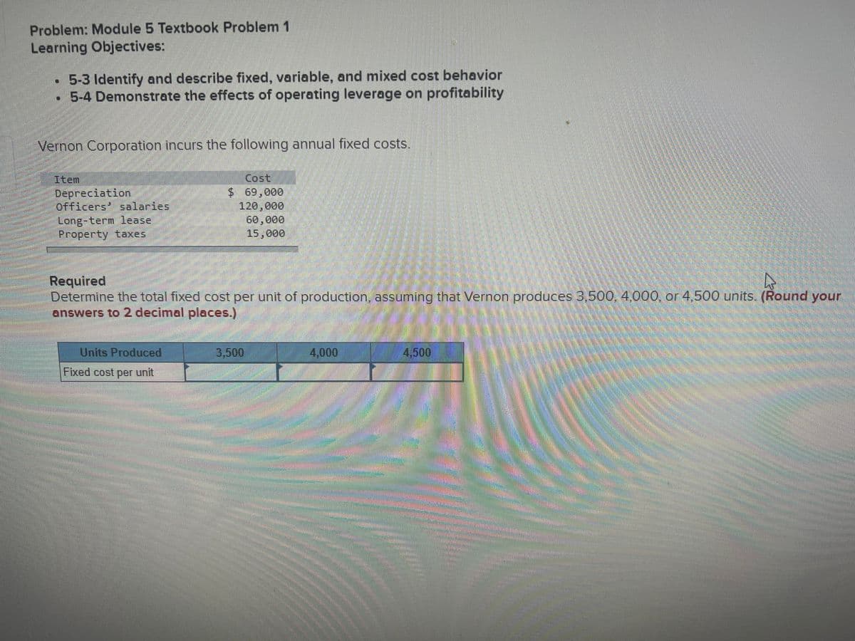 Problem: Module 5 Textbook Problem 1
Learning Objectives:
5-3 Identify and describe fixed, variable, and mixed cost behavior
5-4 Demonstrate the effects of operating leverage on profitability
Vernon Corporation incurs the following annual fixed costs.
Item
Depreciation
officers' salaries
Long-term lease
Property taxes
Cost
$69,000
120,000
60,000
15,000
Required
Determine the total fixed cost per unit of production, assuming that Vernon produces 3,500, 4,000, or 4,500 units. (Round your
answers to 2 decimal places.)
Units Produced
3,500
4,000
4,500
Fixed cost per unit
台台灣彩
灣券
