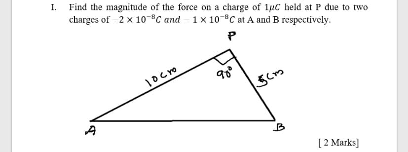 Find the magnitude of the force on a charge of 1µC held at P due to two
charges of – 2 x 10-8C and – 1 x 10-8C at A and B respectively.
1ocm
A
B
[2 Marks]
