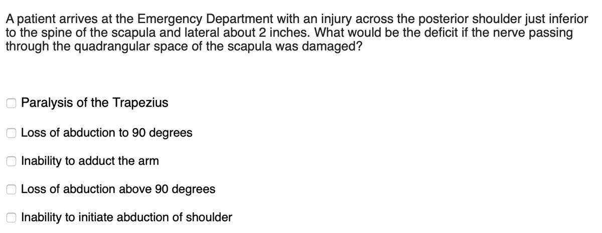 A patient arrives at the Emergency Department with an injury across the posterior shoulder just inferior
to the spine of the scapula and lateral about 2 inches. What would be the deficit if the nerve passing
through the quadrangular space of the scapula was damaged?
оооо
Paralysis of the Trapezius
Loss of abduction to 90 degrees
Inability to adduct the arm
Loss of abduction above 90 degrees
Inability to initiate abduction of shoulder