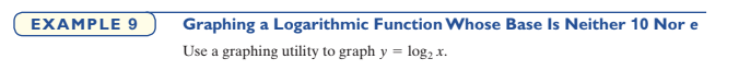Graphing a Logarithmic Function Whose Base Is Neither 10 Nor e
EXAMPLE 9
Use a graphing utility to graph y = log2 x.
