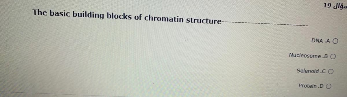 19 Jlgu
The basic building blocks of chromatin structure-
DNA .A O
Nucleosome.B O
Selenoid .C O
Protein .D O
